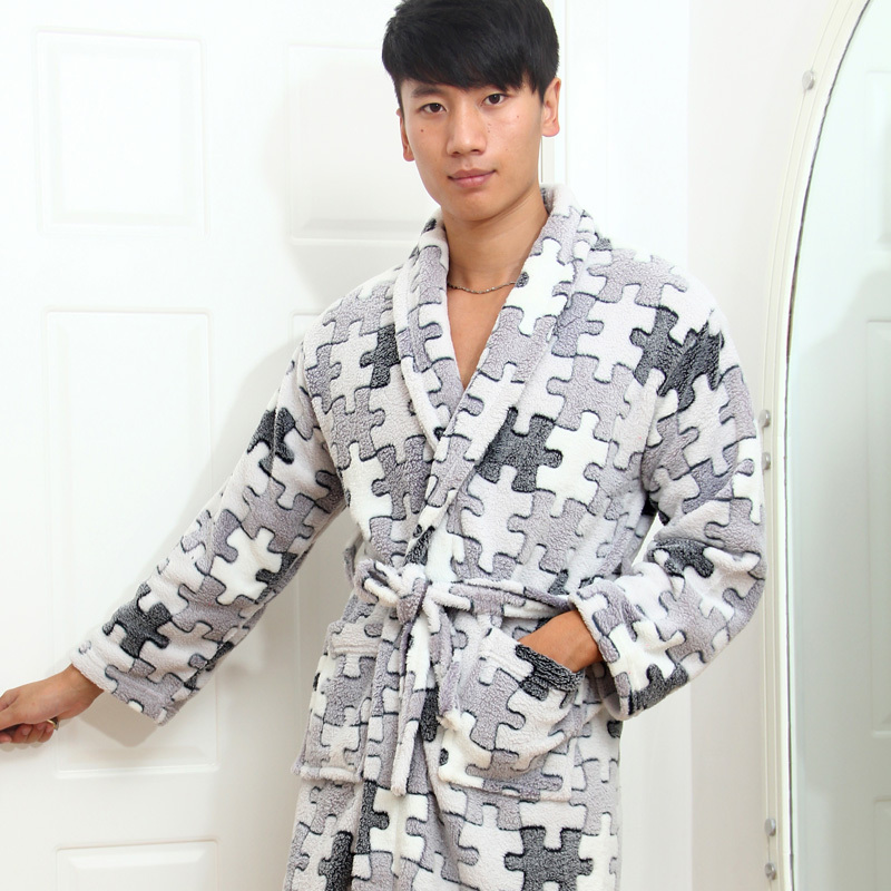 Autumn and winter Men grey puzzle fancy coral fleece robe bathrobes thickening sleepwear