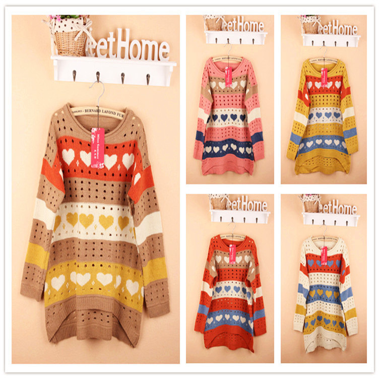 Autumn and winter multicolour color block decoration love print stripe batwing sleeve female loose cutout pullover sweater