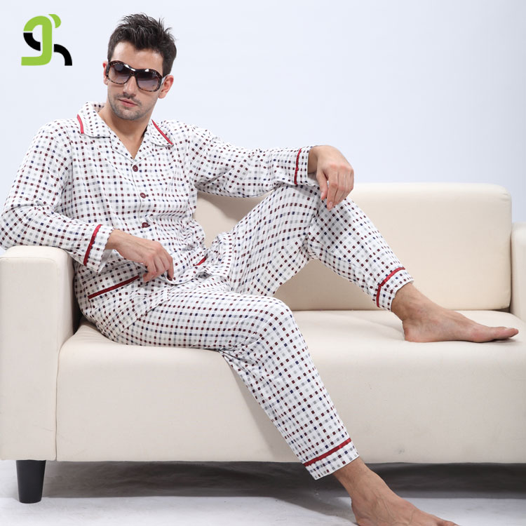 Autumn and winter new arrival male 100% cotton plaid sleepwear plus size lounge male set thermal underwear