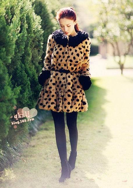 Autumn and winter new arrival manoush leopard print rabbit fur faux medium-long outerwear overcoat ,Free shipping