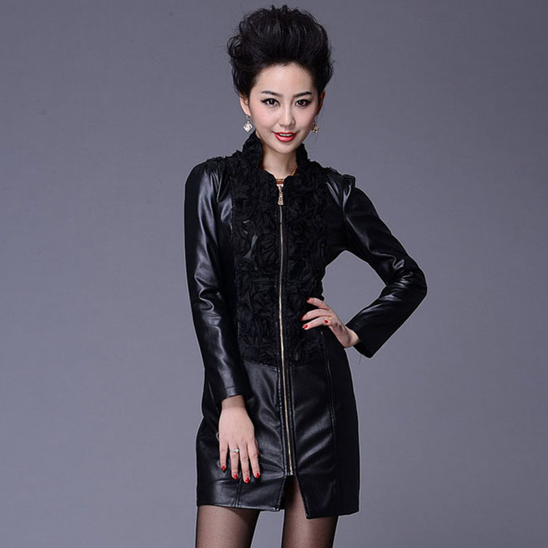 Autumn and winter new arrival one-piece dress decoration flower leather coat winter zipper leather one-piece dress