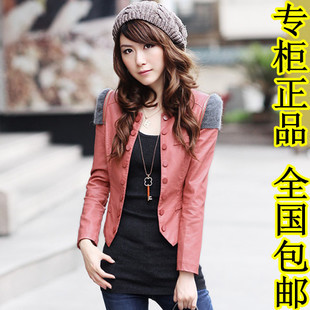 Autumn and winter new arrival small leather clothing women's short design water wash PU leather jacket fashion o-neck slim