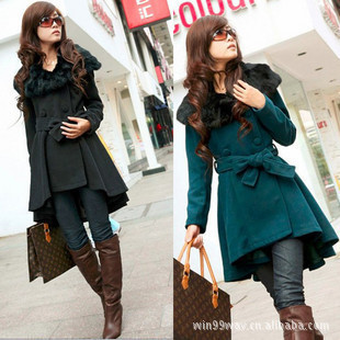 Autumn and winter new Korean temperament Slim fur collar double-breasted woolen coat 662