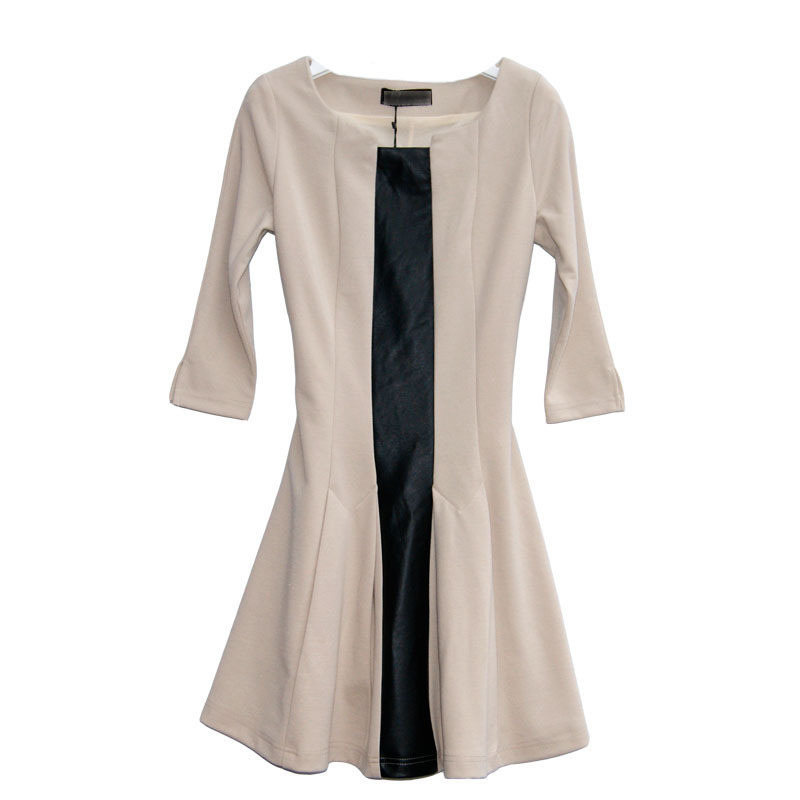 Autumn and winter outerwear women's three quarter sleeve patchwork leather one-piece dress midguts dress hm0099