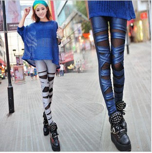 Autumn and winter personality fashion faux leather thick legging female quality leather gauze cross hole ankle length trousers