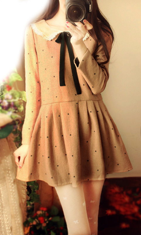 Autumn and winter peter pan collar peter pan polka dot sweet vintage preppy style pleated wool woolen one-piece dress