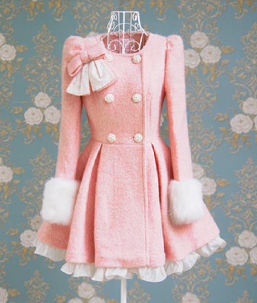 Autumn and winter pink thick woolen lace bow ruffle long overcoat women's trench outerwear