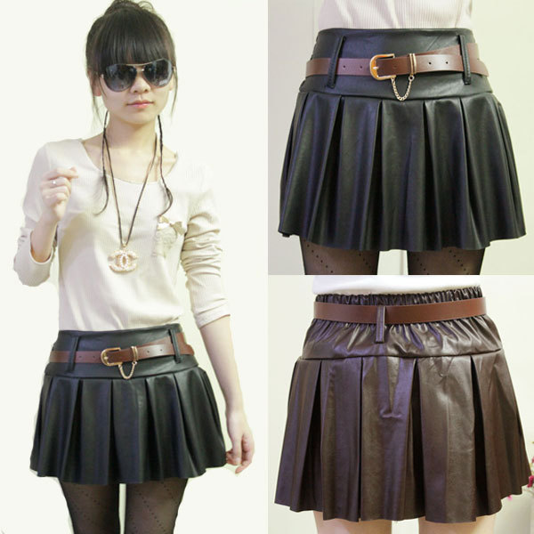 Autumn and winter plus size elastic high waist leather shorts PU skorts leather culottes leather trousers pleated skorts female