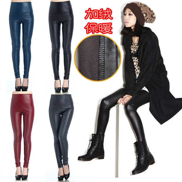 Autumn and winter plus size fashion plus velvet thickening lengthen PU multicolour patchwork faux leather pants legging