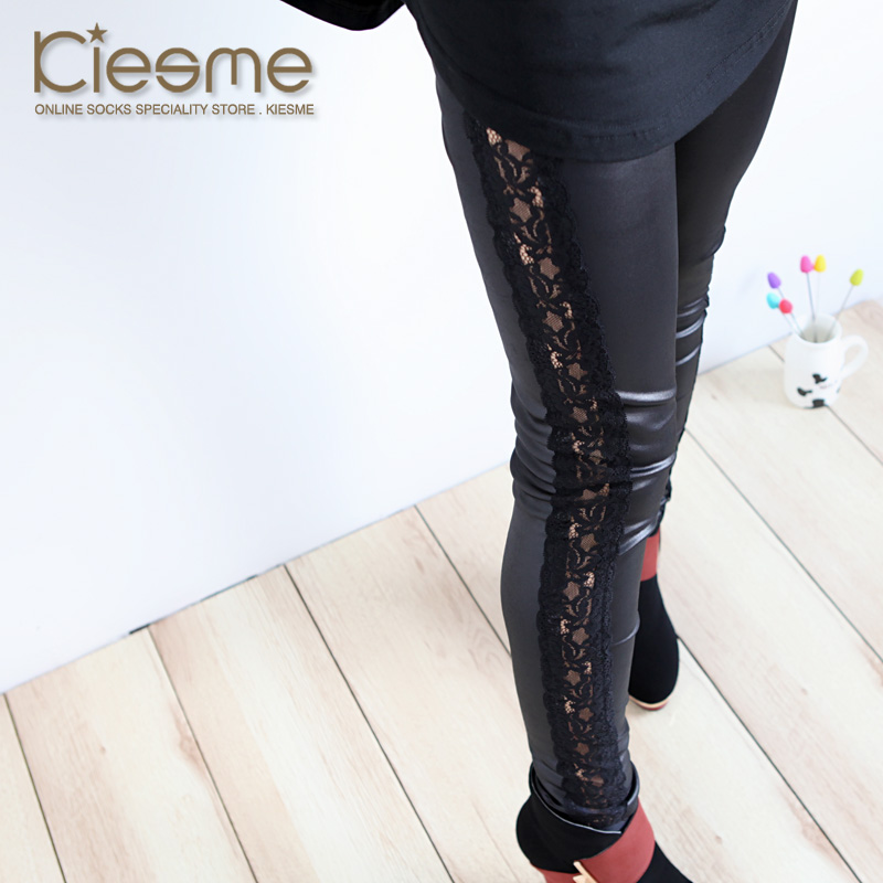 Autumn and winter plus size sidepiece cutout lace thickening fleece double layer faux leather thermal pants socks warm socks
