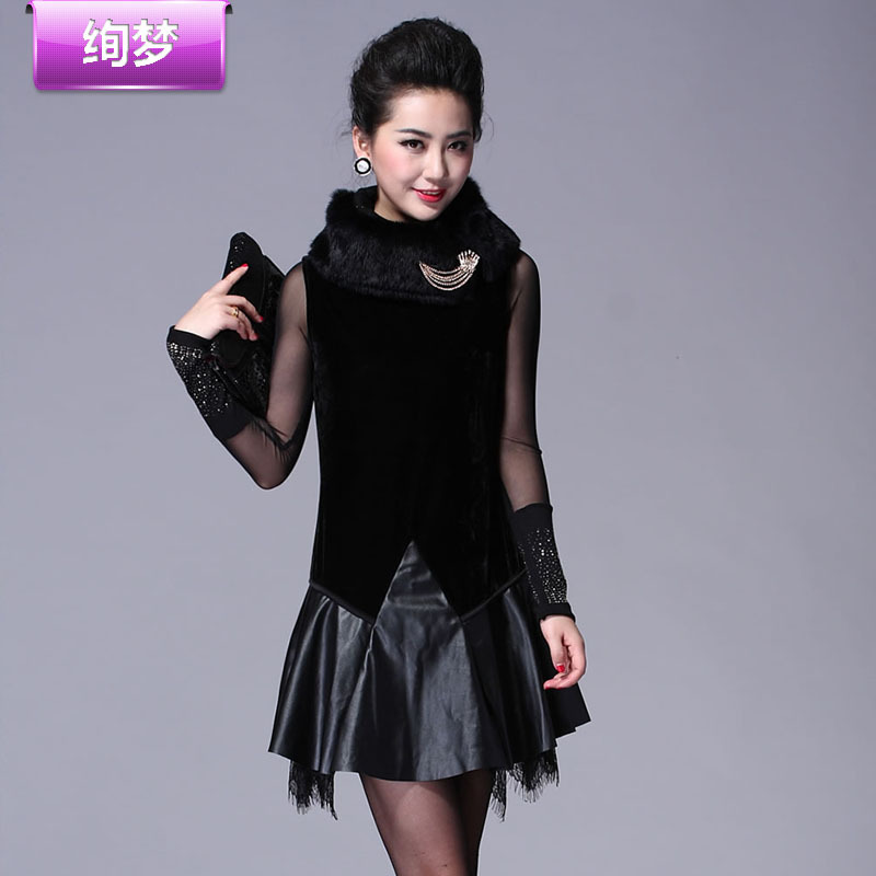 Autumn and winter plus size women fashion rabbit fur leather skirt vest fashion one-piece dress