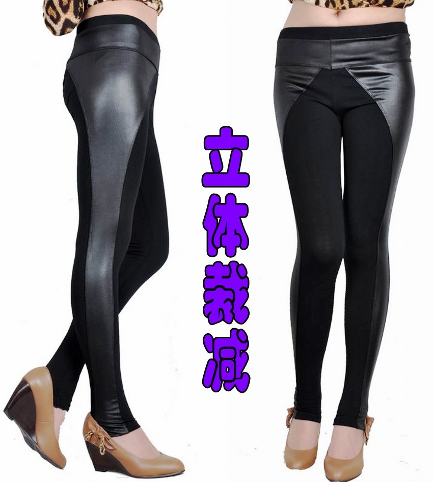 Autumn and winter plus velvet faux leather pants lint patchwork sidepiece legging pencil pants lace pants