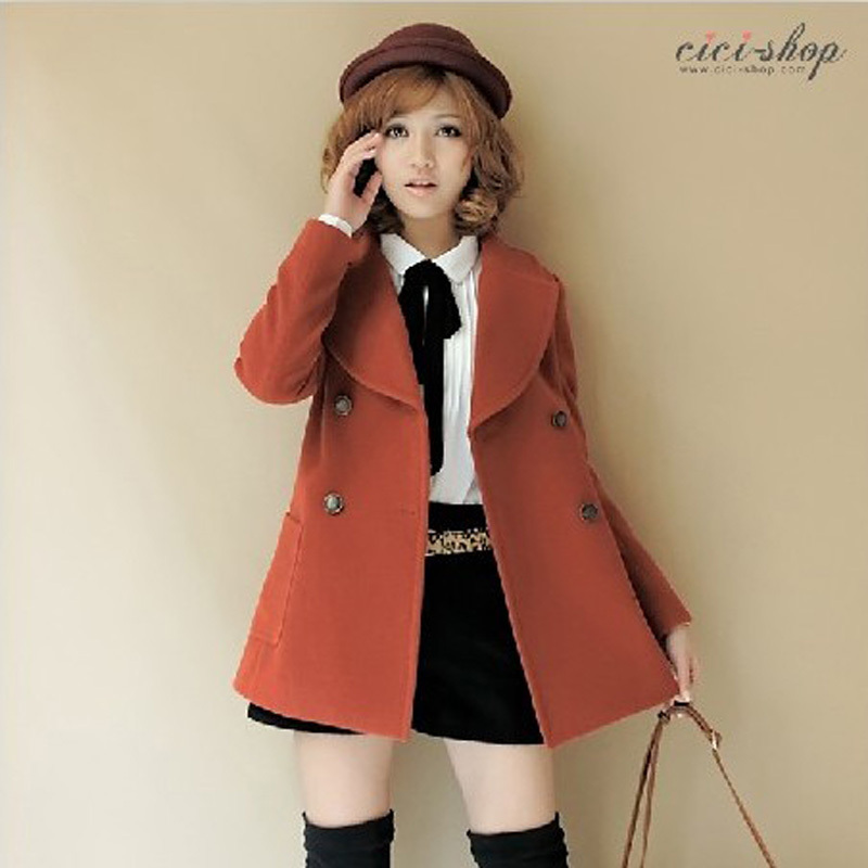 Autumn and winter preppy style double breasted woolen outerwear medium-long woolen overcoat turn-down collar slim trench