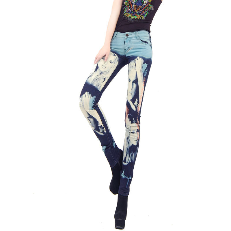 Autumn and winter print personalized jeans trousers female jeans female skinny pants female 8811