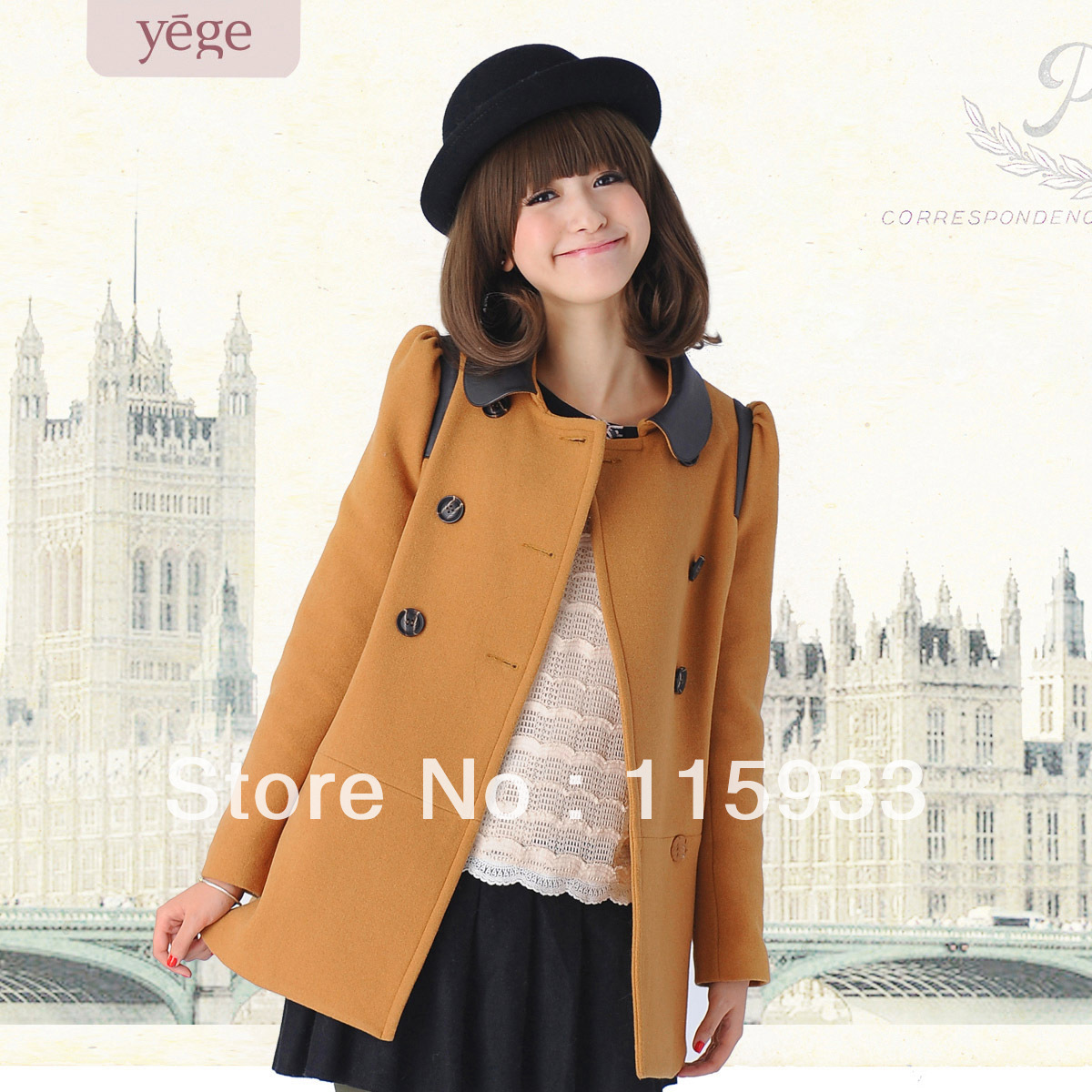 Autumn and winter PU water washed leather patchwork small fur collar peter pan collar puff sleeve woolen outerwear overcoat a