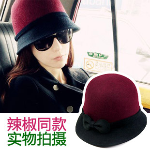 Autumn and winter pure woolen asymmetrical dome hat fedoras female two-color bow