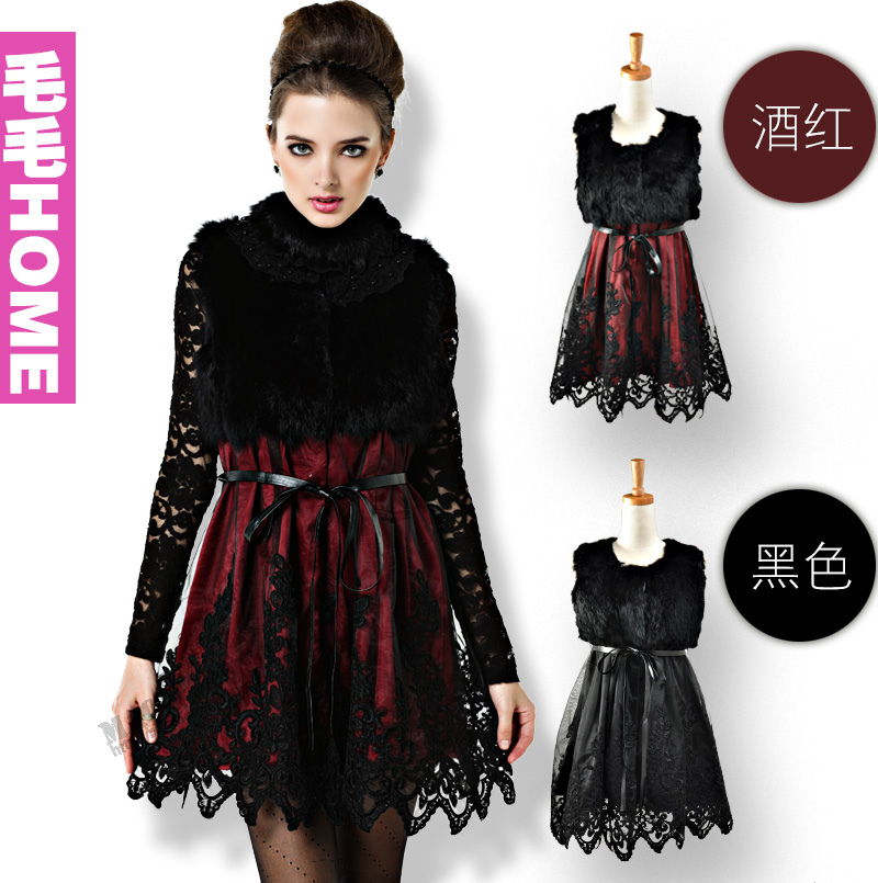 Autumn and winter quality xfr lace patchwork embroidery leather cape hare wool one-piece dress tank dress a107