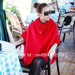 Autumn and winter red cloak woolen short jacket female loose plus size wool trench coat batwing sleeve