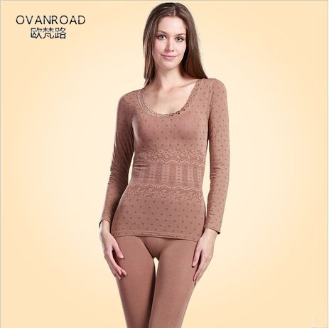 Autumn and winter sexy bamboo fibre women's thermal clothing fashion lace o-neck beauty care set thermal underwear