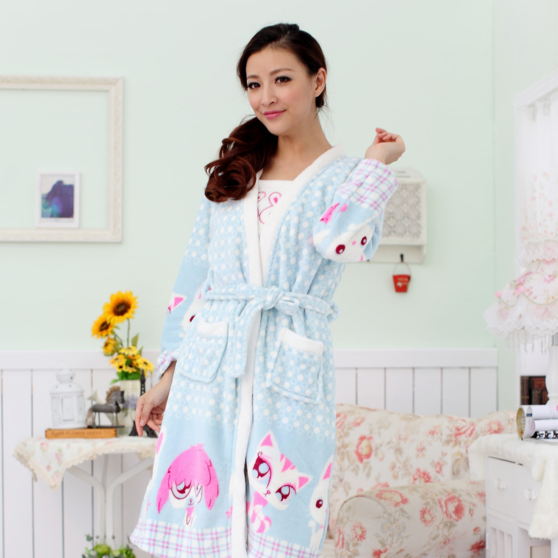 Autumn and winter sexy female thickening cartoon long-sleeve coral fleece sleepwear 100% cotton spaghetti strap robe twinset