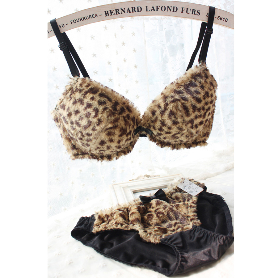 Autumn and winter sexy leopard print push up furry princess underwear set bra push up bra