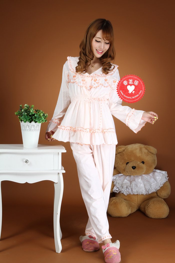Autumn and Winter Sexy Sleepwear Noble Beautiful Lace Embroidery 100% Cotton Women's Long-sleeve Sleep Set Lounge
