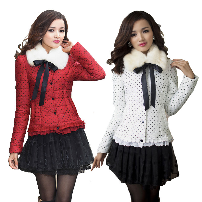 Autumn and winter short design wadded jacket outerwear female polka dot lace sweep fur collar cotton-padded jacket thickening