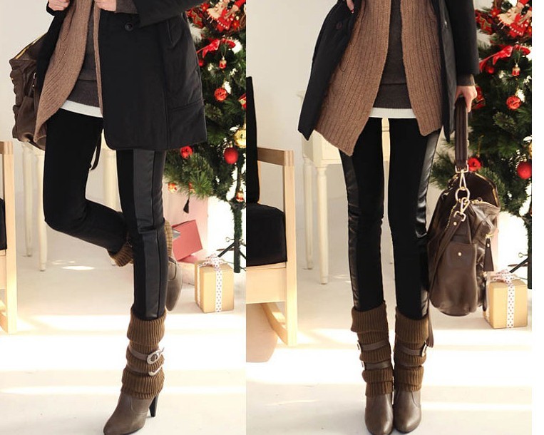 Autumn and winter skinny pants leather patchwork basic boot cut jeans pencil pants thickening plus velvet legging thick