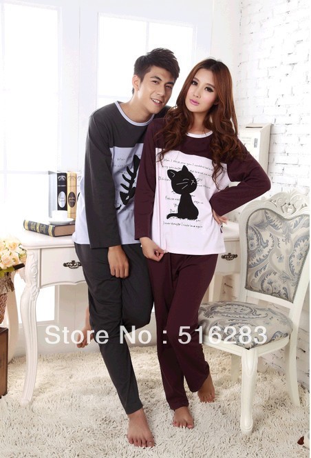 Autumn and winter sleepwear long-sleeve knitted cotton thickening lovers cat fish lounge