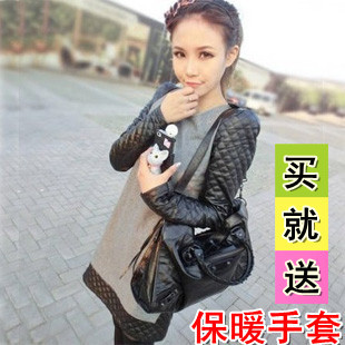 Autumn and winter slim plus size thickening patchwork leather shoulder pads small long-sleeve woolen one-piece dress