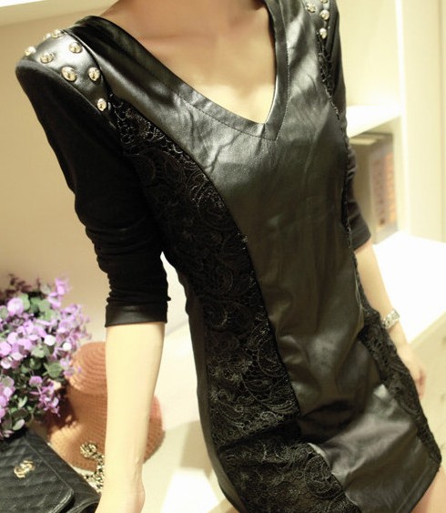 Autumn and winter slim sexy slim hip leather skirt lace basic 493 long-sleeve dress