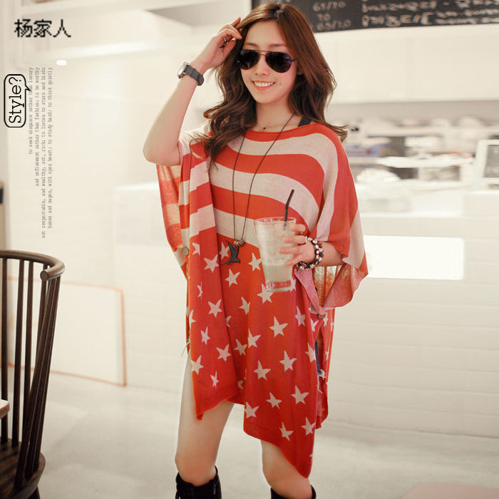 Autumn and winter slit neckline cloak sweater color block decoration five-pointed star plus size batwing sleeve sweater