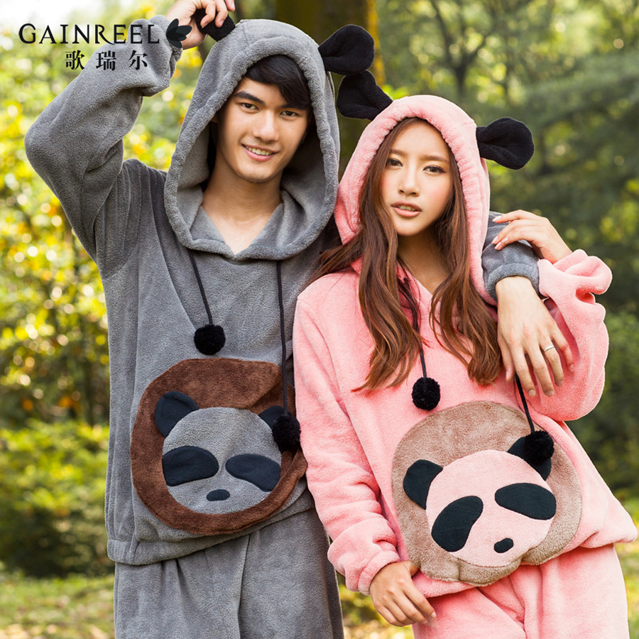 Autumn and winter song riel ofdynamism coral fleece cartoon panda animal men and women sleepwear long-sleeve lovers lounge set