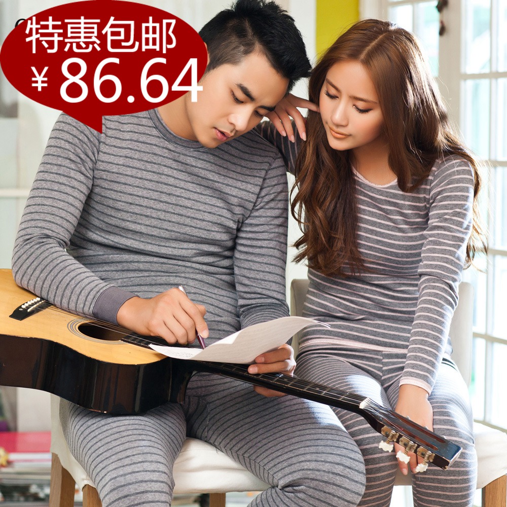 Autumn and winter song riel sweet male women's thickening stripe lovers thermal clothing set