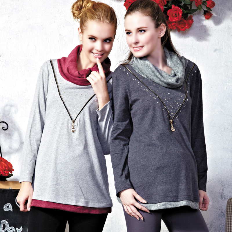 Autumn and winter sparkling diamond zipper maternity basic turtleneck shirt maternity top