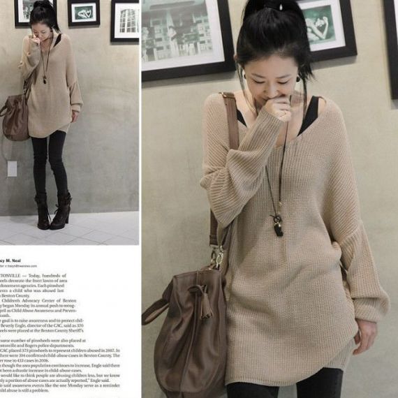Autumn and winter star plain V-neck long sleeve length loose plus size knitted pullover thickening sweater black apricot