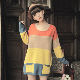 Autumn and winter sweater outerwear women's striped color block double pocket loose plus size sweater