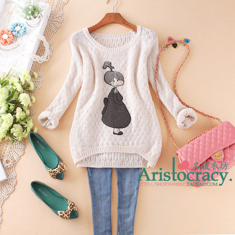 Autumn and winter sweet cute doll cloth round neck long-sleeved shirt coat blouse loose knit sweater sweater