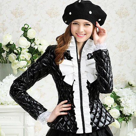 Autumn and winter sweet gentlewomen black white ruffle bow women's wadded jacket cotton-padded jacket