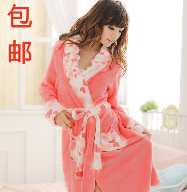 Autumn and winter sweet women's thickening coral fleece robe sleepwear lounge color block decoration of love