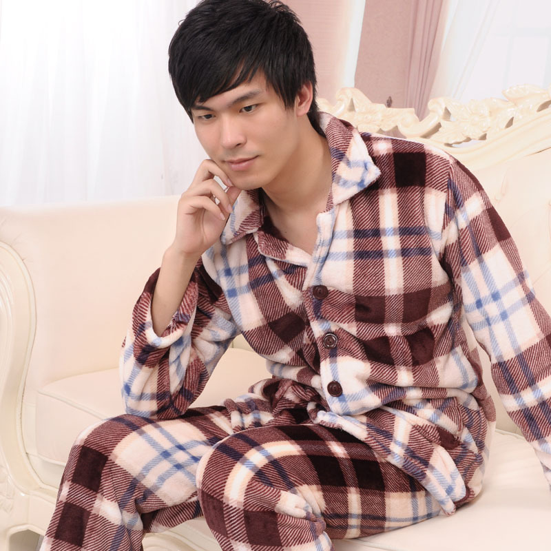 Autumn and winter thermal lounge thickening cotton-padded jacket coral fleece male sleep set