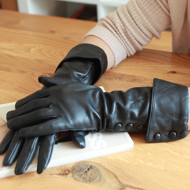 Autumn and winter thermal sheepskin gloves women's genuine leather long gloves button