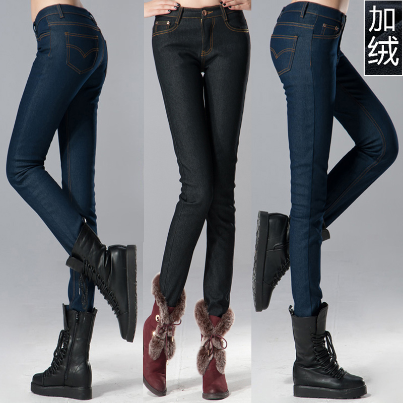 Autumn and winter thermal slim thickening plus velvet elastic jeans female skinny pants trousers