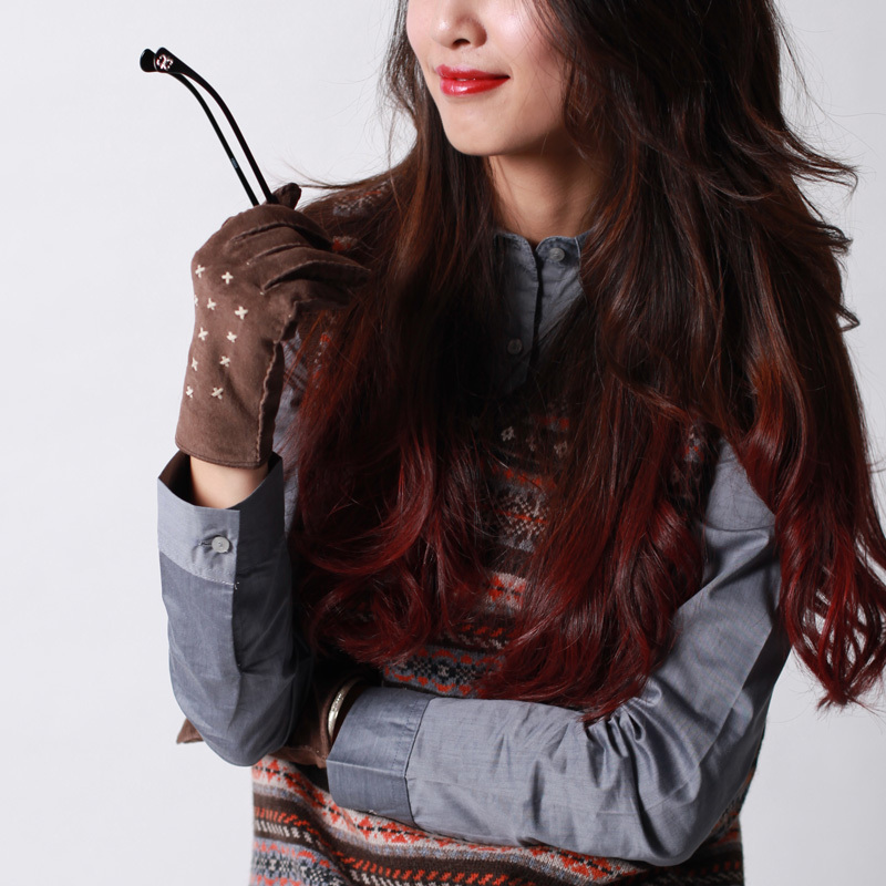 Autumn and winter thermal women's senior pig suede leather hem-stitch finger gloves solid color all-match