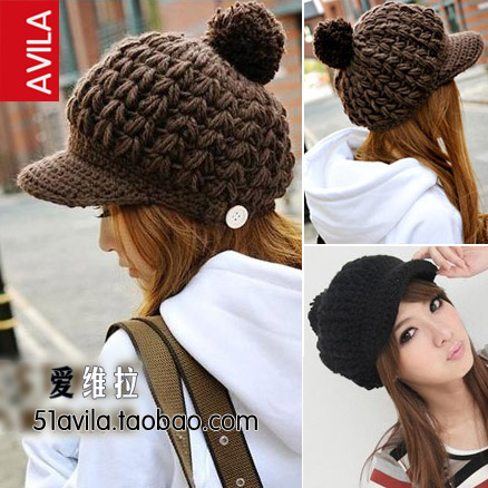 Autumn and winter thermal women's twisted benn knitted hat knitted hat large sphere handmade button hat