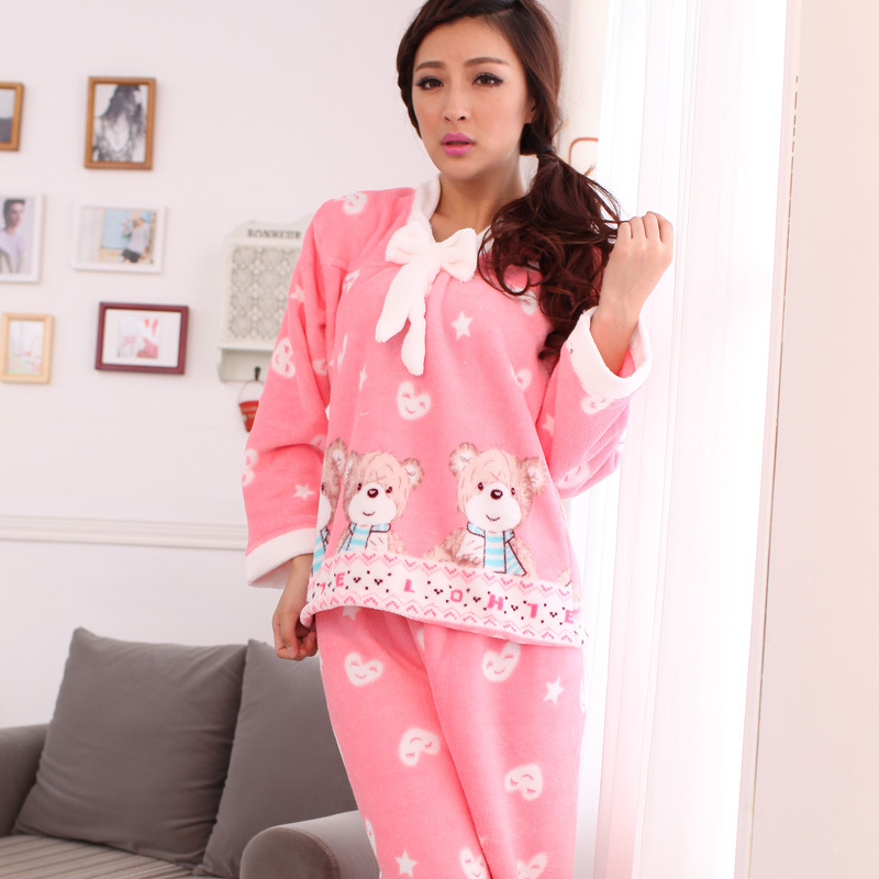 Autumn and winter thickening coral fleece lounge cartoon bear bow of love female sleepwear at home Free Shipping