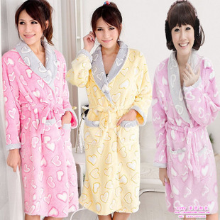 Autumn and winter thickening coral fleece robe sexy sleepwear lounge female bathrobe 100% cotton heart bathrobe nighty