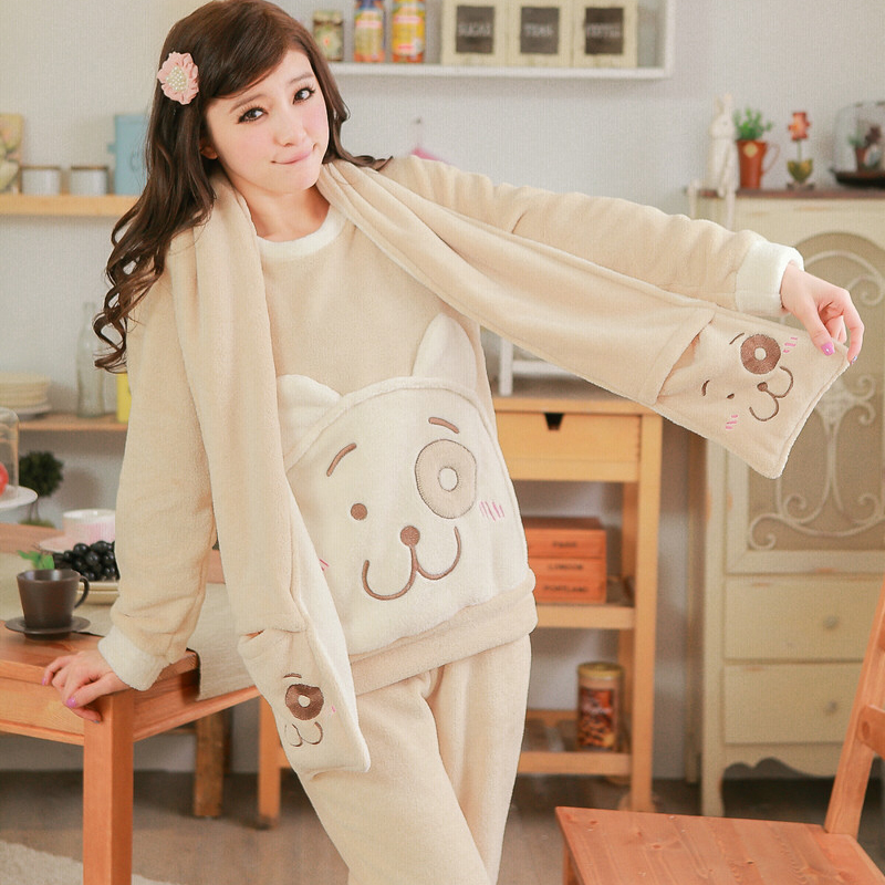 Autumn and winter thickening coral fleece sleepwear female set coral fleece lounge sleepwear solid color belt scarf three piece