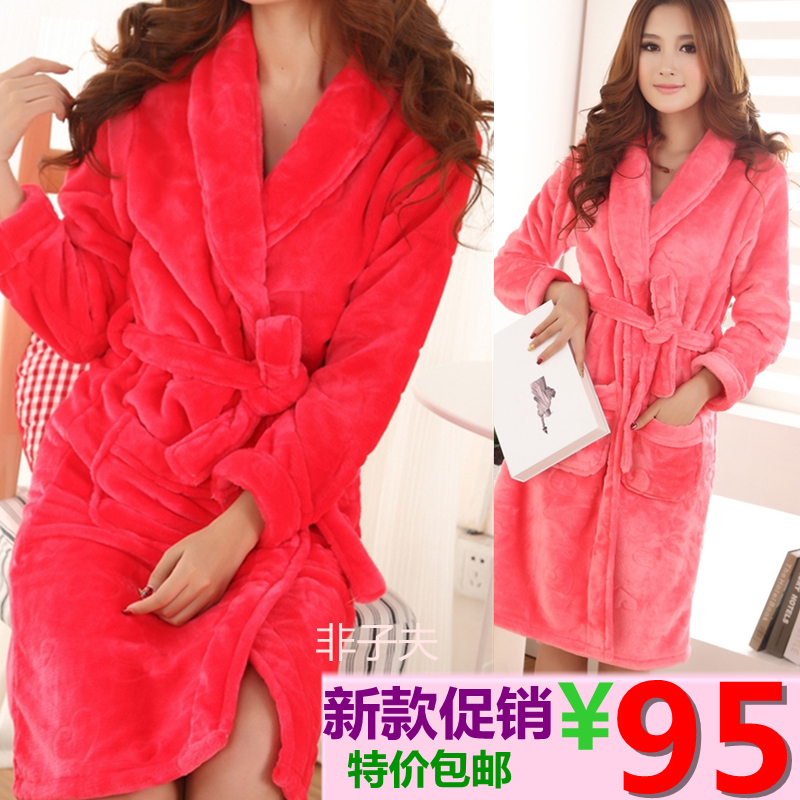 Autumn and winter thickening coral fleece women's robe bathrobes flannel marry red robe big red robe female lounge