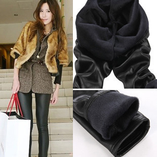 Autumn and winter thickening matt faux leather double layer beaver velvet legging warm pants
